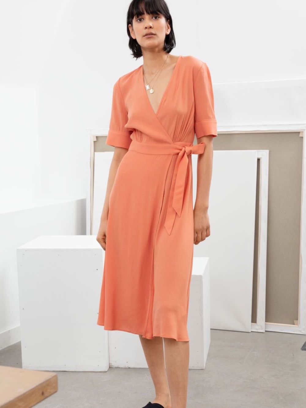 & Other Stories Coral Salmon Wrap Midi Dress